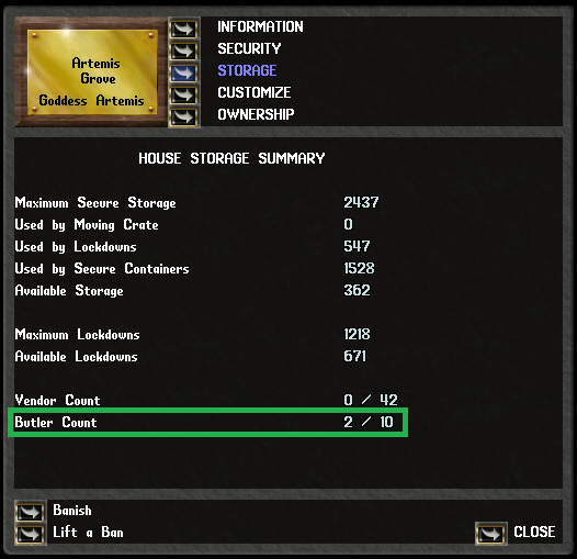 The House Sign Menu's Storage selection where you can see the current and maximum number of Butlers a home can have.