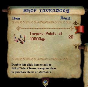 The Forgers Shop Menu showing the Forger Paints for sale.