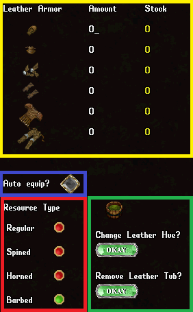 The Butler Menu Leather Armor Section. In the Yellow Section is the quantity of each Leather Armor piece, which must be undamaged and exceptional. The Blue Section is the option to select if you want the armor that is removed to be equipped. The Red Section is selector for what type of Leather to pull out, this can be Normal, Spined, Horned, or Barbed. The Green Section is the area used to dye the leather that is pulled out or equipped. The Green Section requires a Leather Dye Tub to be placed onto the Butler and you can change the colors from the Enhanced Hue Selection with the "Change Leather Hue?" button or get the Leather Dye Tub back if you select the "Remove Leather Tub?" button.