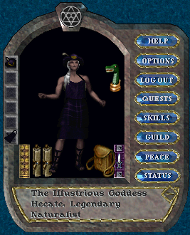 The Paperdoll view of the Reputation and Profession Titles seen below the character's feet.