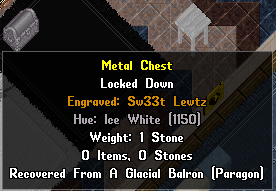 A successfully engraved Paragon Chest from a Container Engraving Tool. You can see the message "Engraved: Sw33t Lewtz" in gold in the Tool Tips.