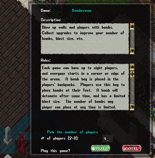The Bomberman Menu Preview as seen from the Bomberman Arena Owner, which is the first person to double click the stone. This allows you to see the rules and description, and set the number of players.