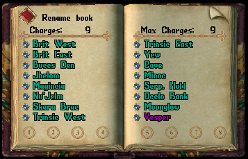 A Runebook with a Run Dye Tub Dyed Rune. You can see the color of the rune for "Vesper" has been retained in this Cities Runebook.
