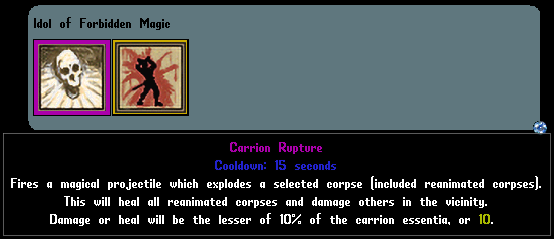 This is an activatable Relic which targets a corpse and causes an explosion of death and a wave of healing for the reanimated corpses that have been summoned under your control.