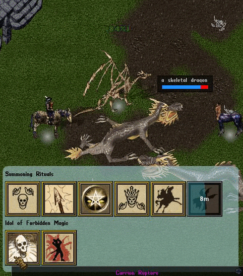 The Carrion Rupture Activatable Relic in action, notice that it uses a corpse to explode dealing damage to nearby enemies, and healing to reanimated corpses under your control.