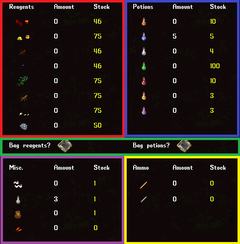 The Butler Menu Potions, Reagents, Misc, and Ammo Section is in the right side of the Butler Menu and for sanity's sake we have color coded the separate sections by their functionality. The Red Section is for the reagents. The Blue Section is for the Potions. The Green Section is for choosing whether or not to bag the items when retrieved. The Purple Section is for Misc items such as bags, empty bottles, bandages and Orange Petals. The Yellow section is for Ammo such as arrows and bolts.