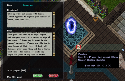 The Player viewpoint of joining a Bomberman match. You can a join the game with the green button or cancel with the red button. While you are choosing an option you will have a debuf of paralyzed until you make the decision.