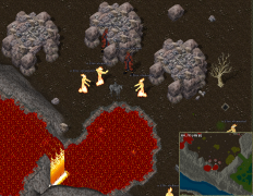 Stone Huts where Stone Constructs, Gargoyles, and Fire Elementals live near a flowing lava fall in the Exodus Temple Courtyard.